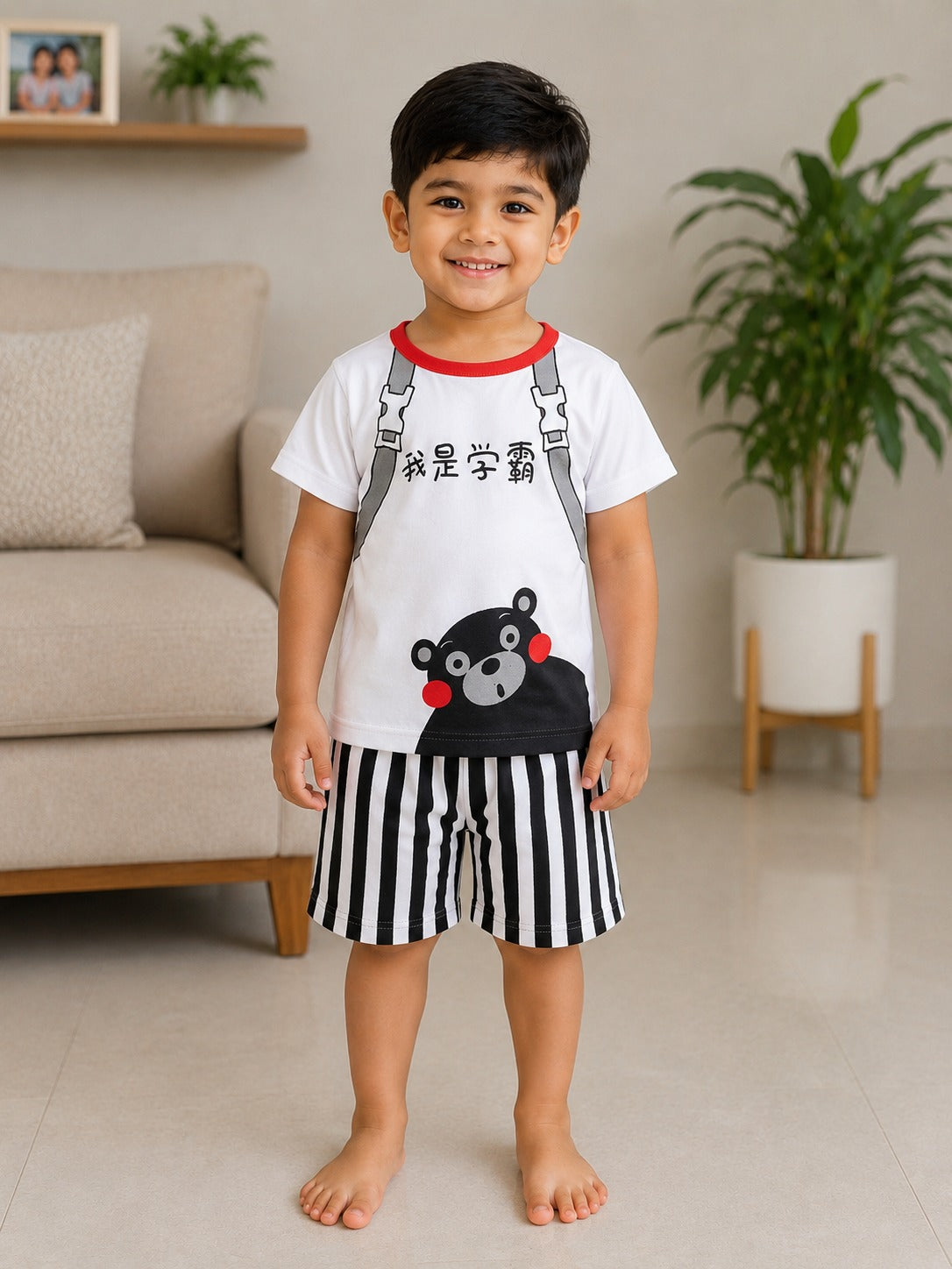 White Black panda Kids Shortwear sets