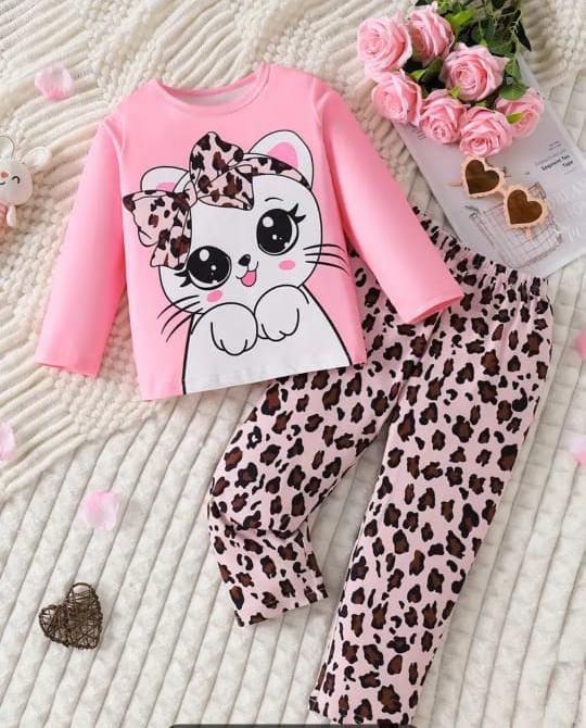 White cat Printed pink kid full sleeve set
