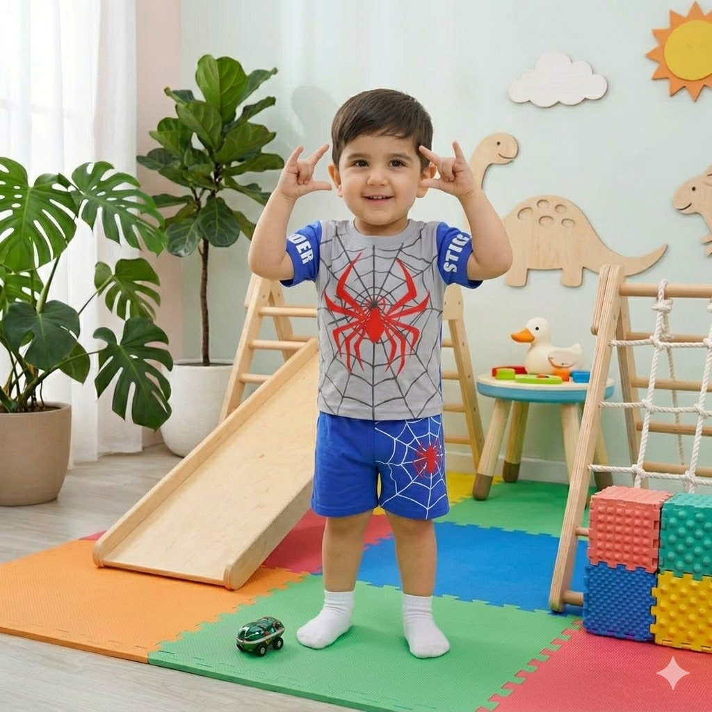 Kids Spider Print Summer Outfit – T-Shirt & Shorts Set (2PCS)