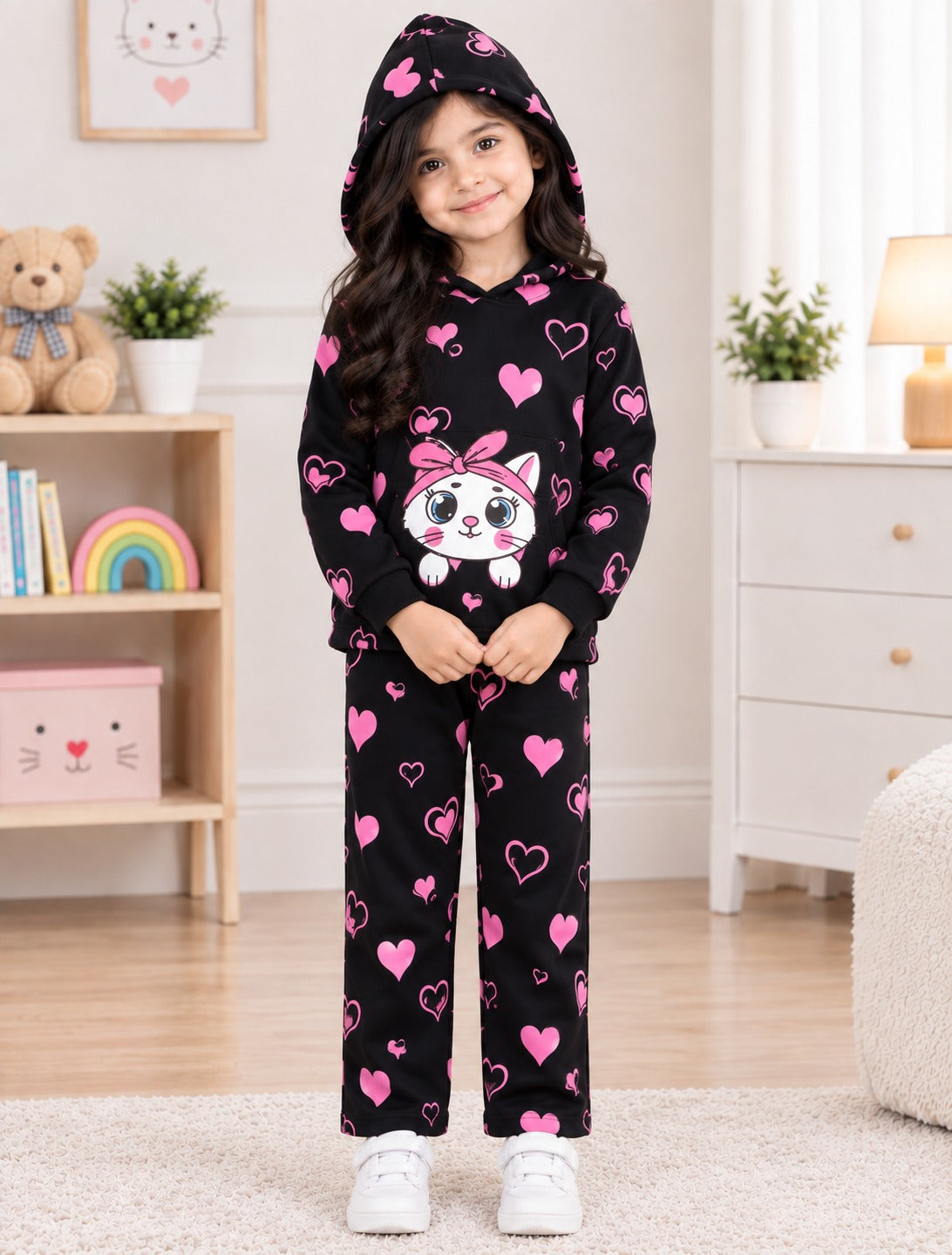 Cute Kitty Printed Kids Hoodie Set