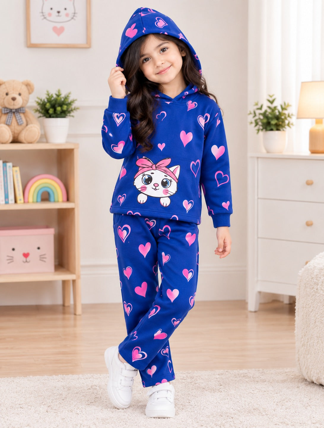 Cute Kitty Printed Kids Hoodie Set