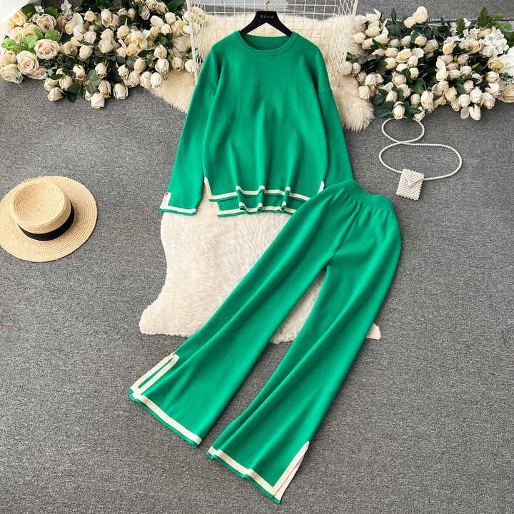 Women Casual Two Piece Set Outfits Office Lady Long Sleeve Elegant Loose Shirt And Pressed Pleated Long Wide legPants Autumn Set