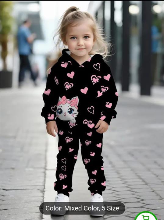 Cute Kitty Printed Kids Hoodie Set