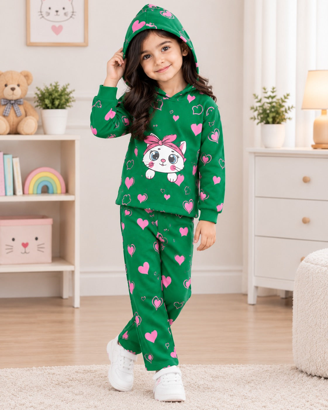 Cute Kitty Printed Kids Hoodie Set