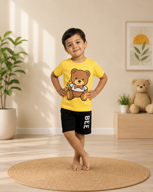 Yellow black Bear Print Shortwear set