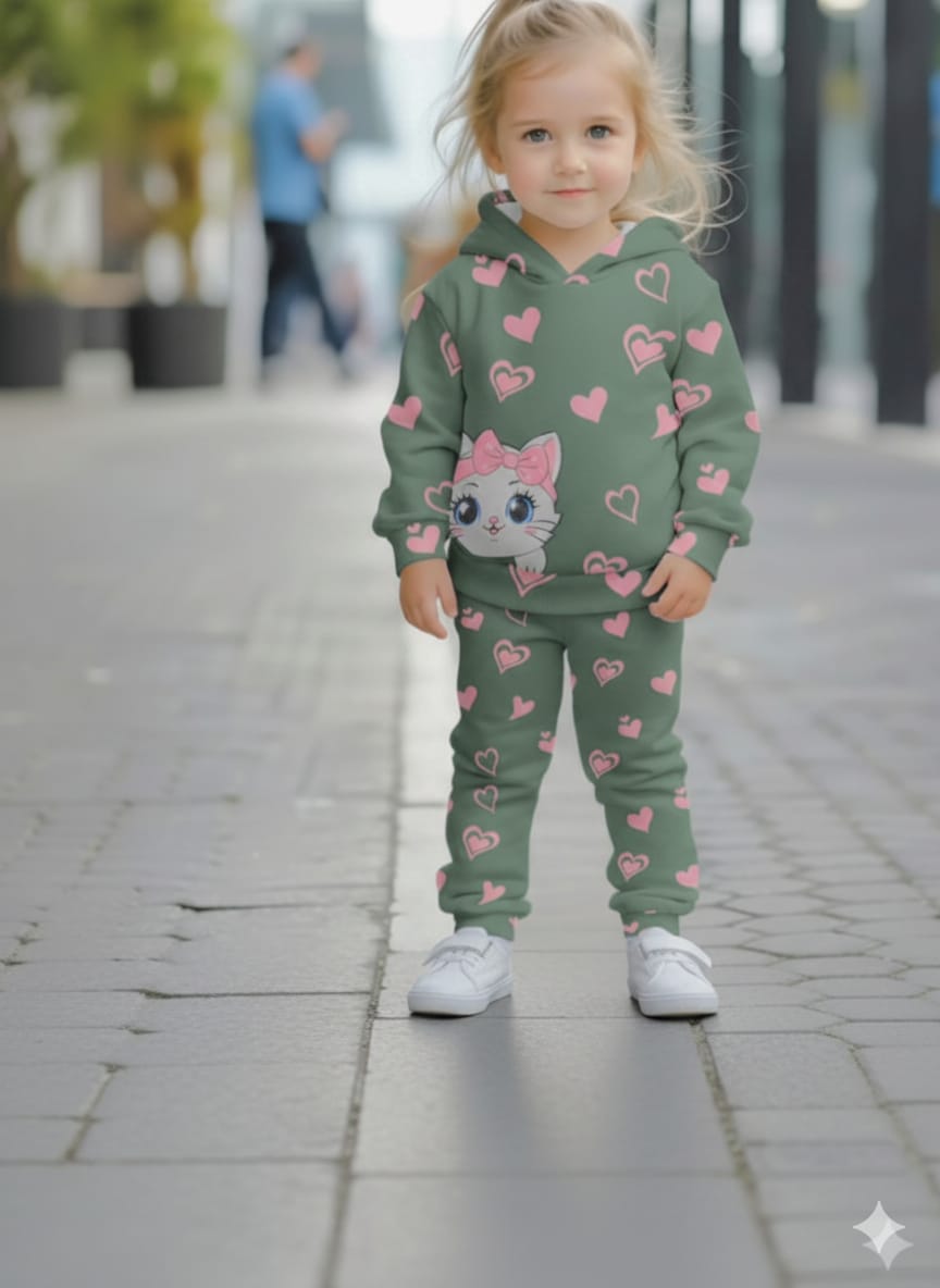 Cute Kitty Printed Kids Hoodie Set
