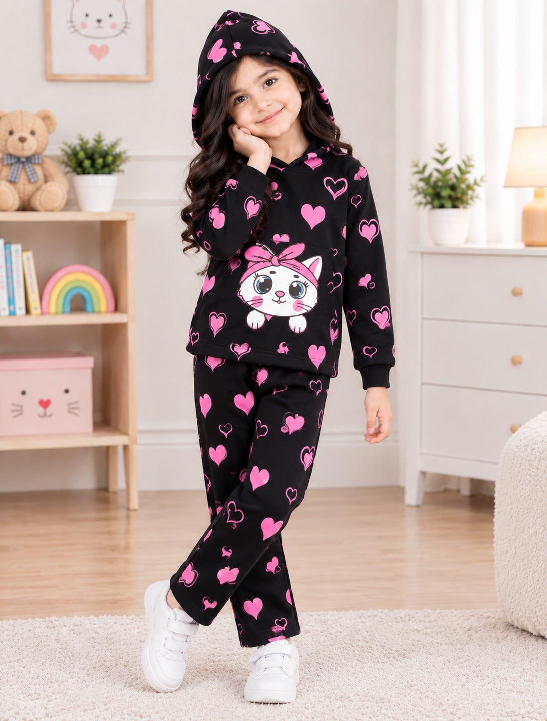 Cute Kitty Printed Kids Hoodie Set