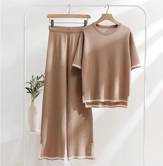 Slit Short Sleeve T-shirts and High Waist Wide Leg Pants