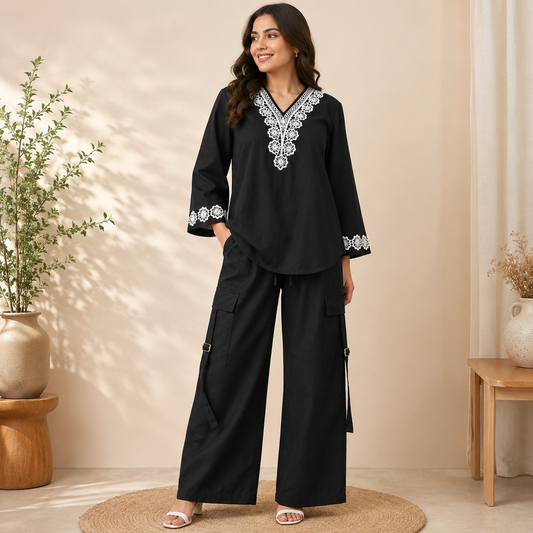 Pure 100% Cotton Embroidered Western Shirt & Cargo Style 2-Pcs Stiched