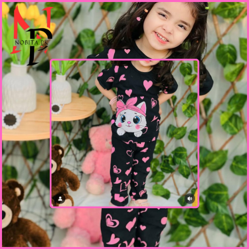 Black Kitty with Pink Hearts printed kids night suits