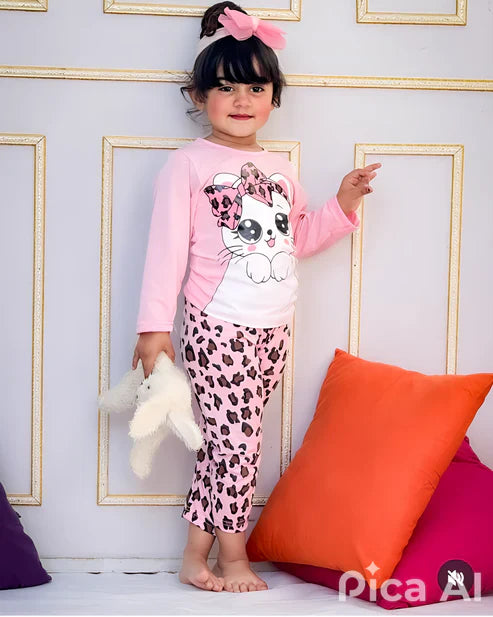 White cat Printed pink kid full sleeve set
