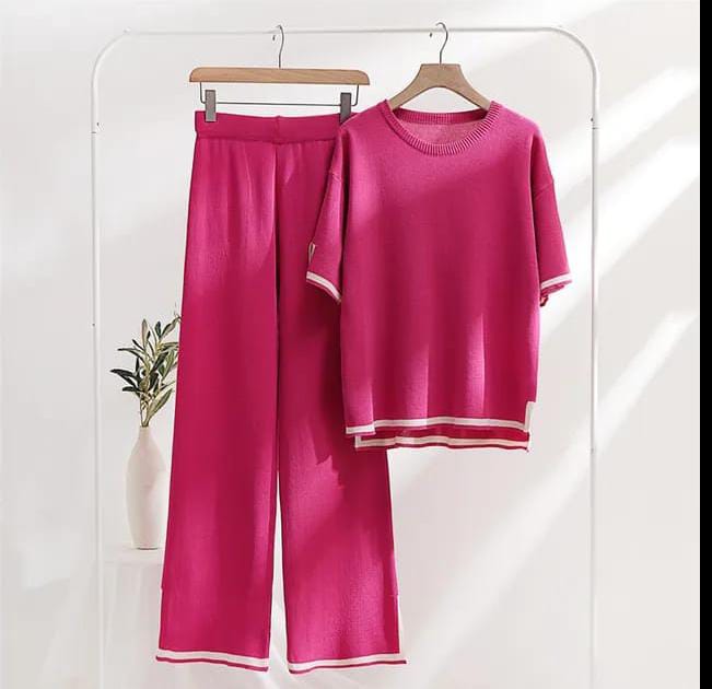 Rose Slit Short Sleeve T-shirts and High Waist Wide Leg Pants - AL TAQWA