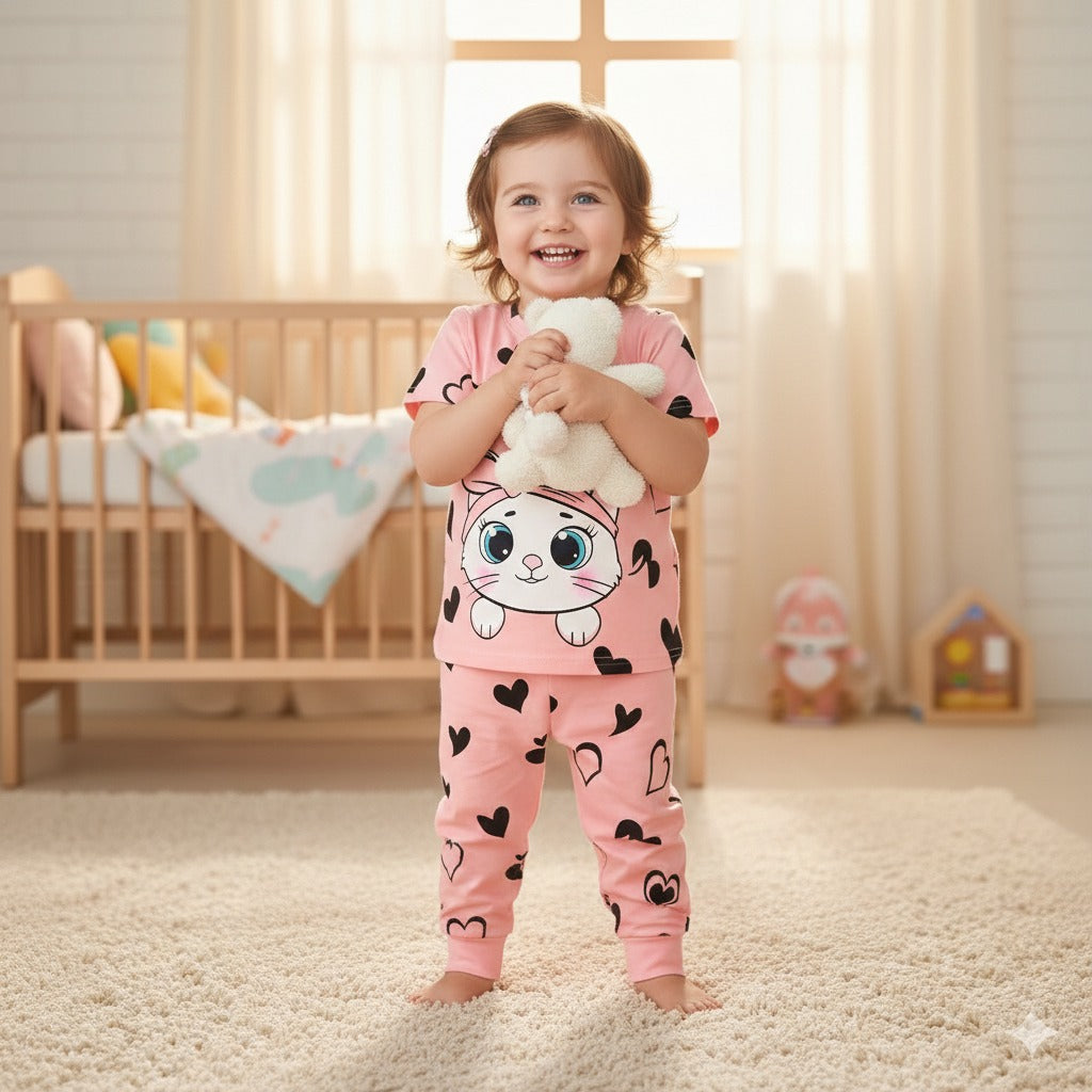 Pink Kitty Printed Kids Wear