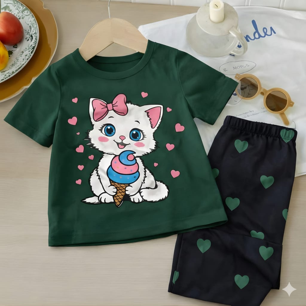 Cute Kitty With Heart Printed kids wear