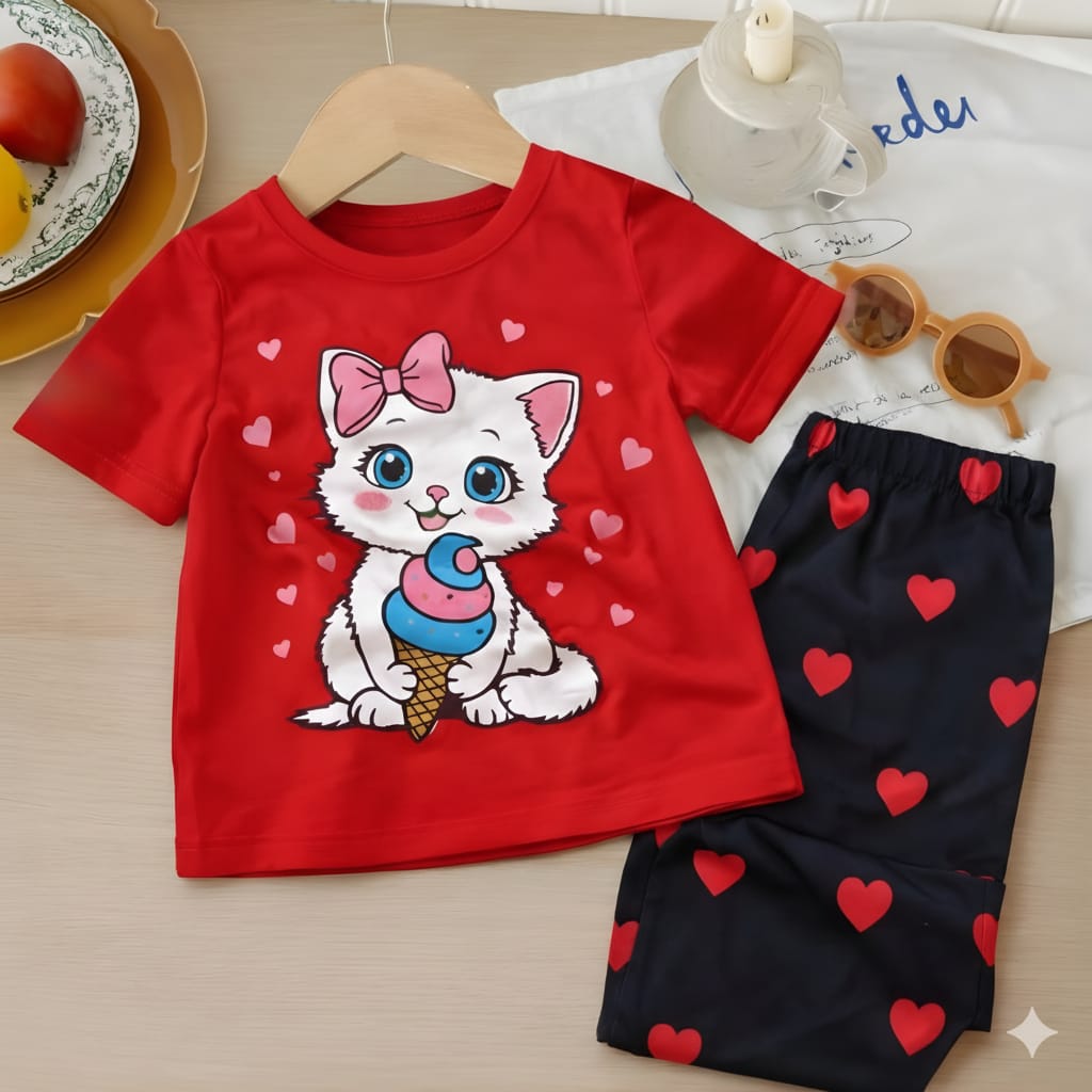 Cute Kitty With Heart Printed kids wear