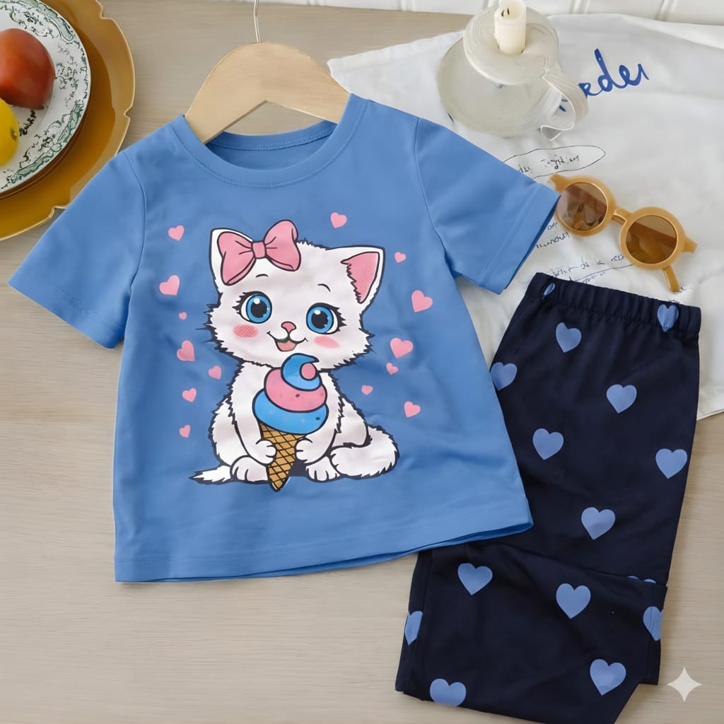 Cute Kitty With Heart Printed kids wear