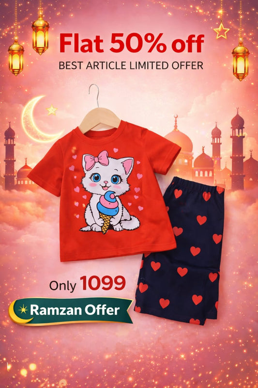 Red Kitty With Heart Printed kids wear