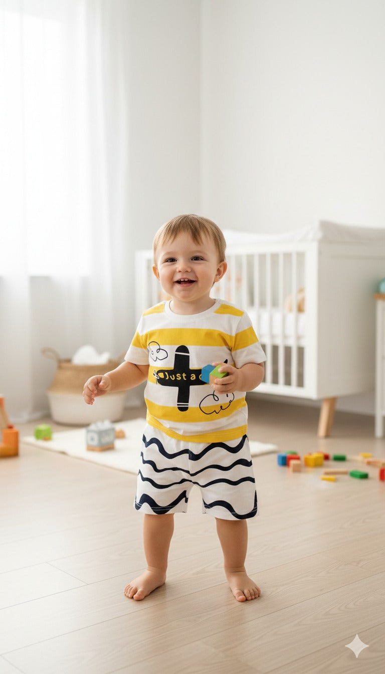 Flying a plane Printed Half Sleeves Round Neck T shirt With Printed Shorts