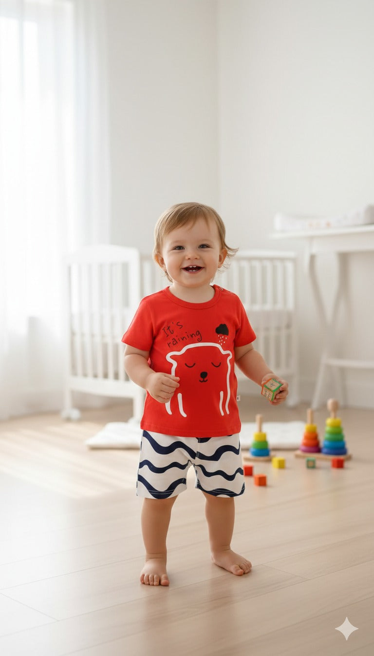 its  a raining Printed Half Sleeves Round Neck T shirt With Printed Shorts