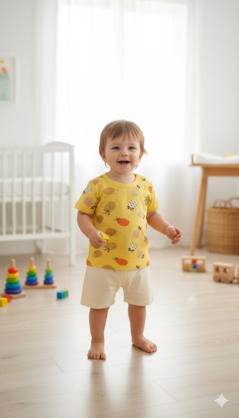 pineapple printed Half Sleeves Round Neck T shirt With Printed Shorts
