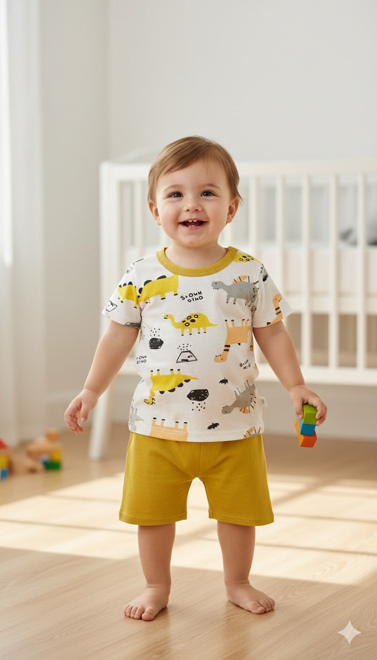 Mustard White Dino Printed Half Sleeves Round Neck T shirt With Printed Shorts
