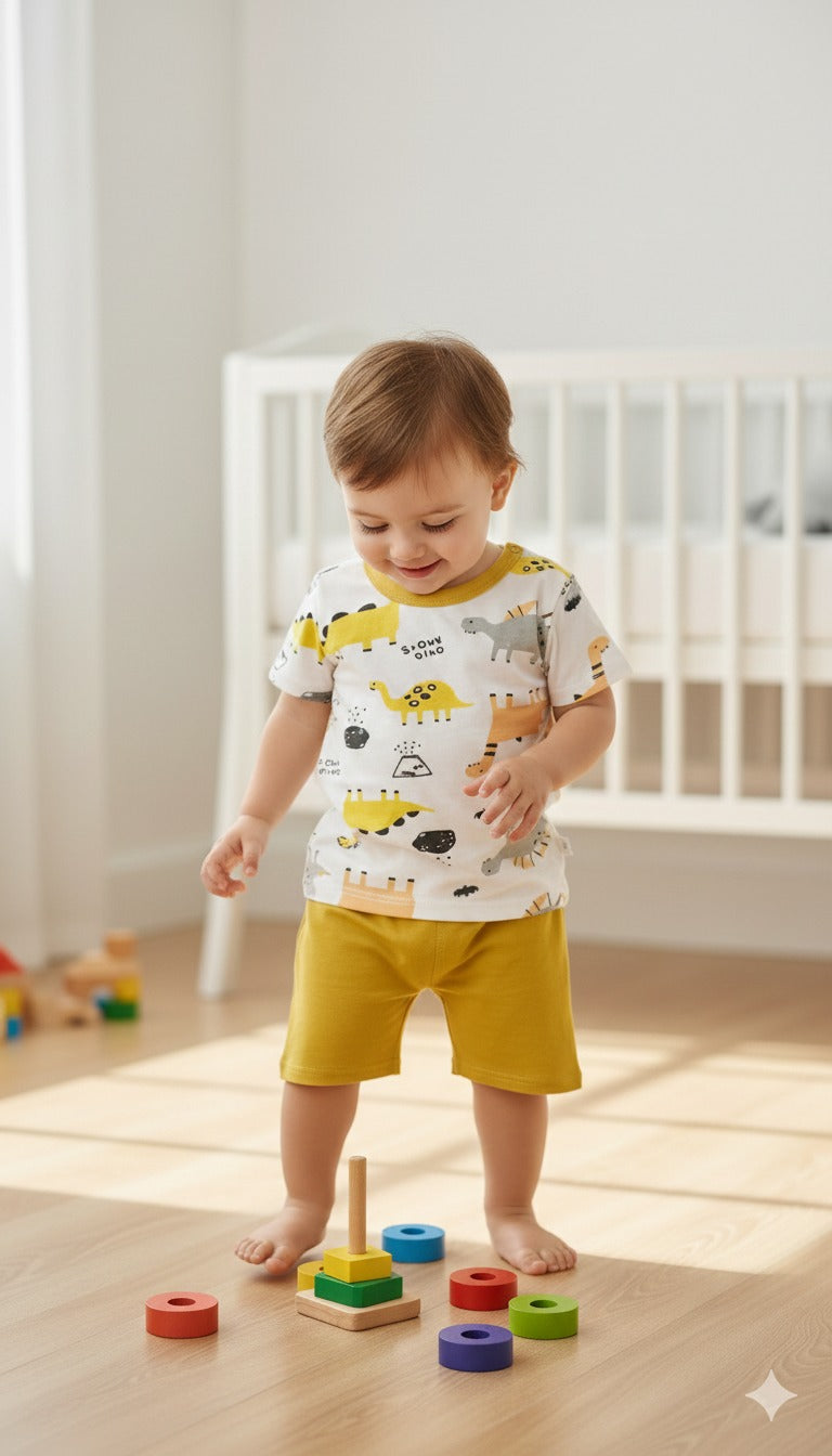 Mustard White Dino Printed Half Sleeves Round Neck T shirt With Printed Shorts