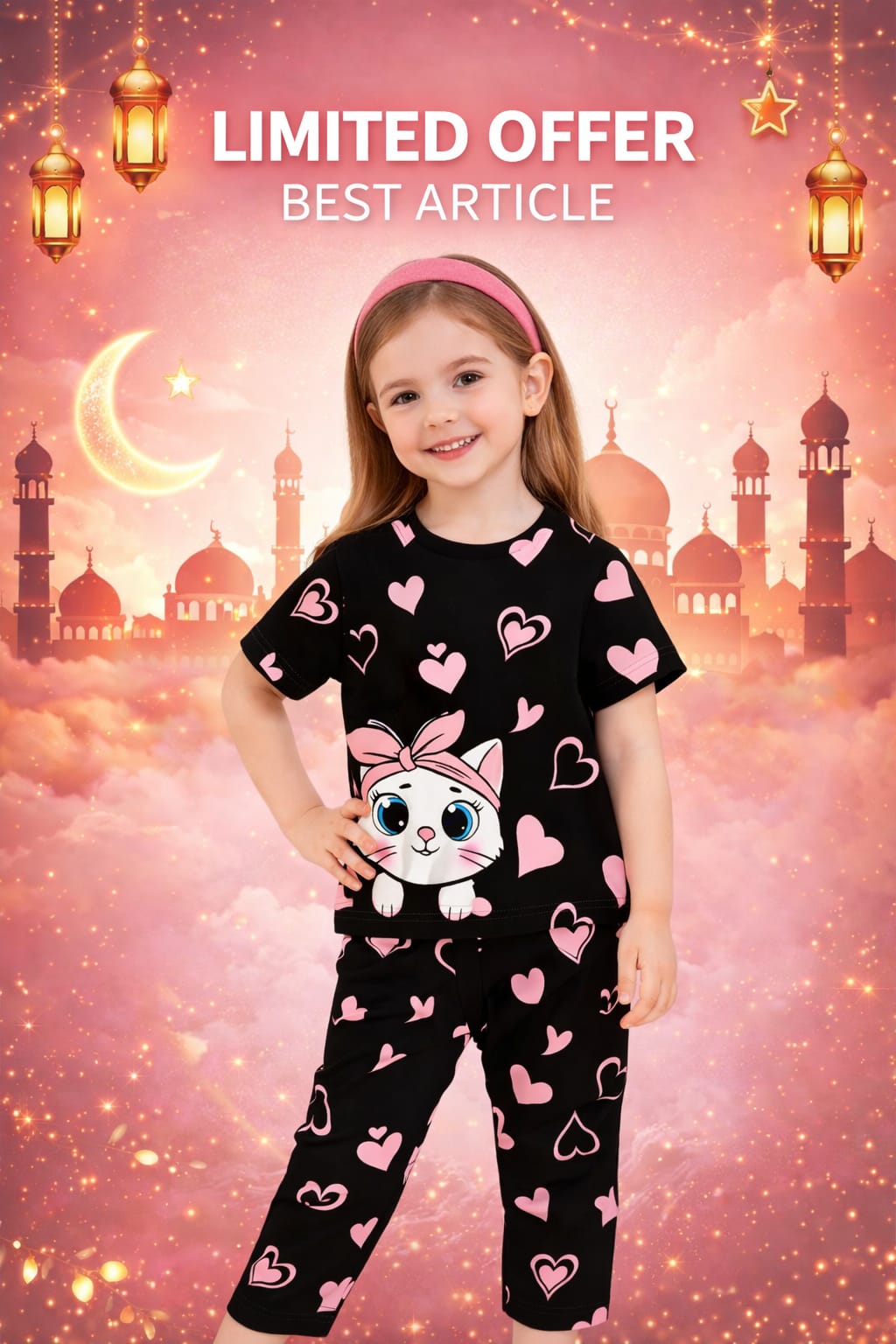 Black Kitty with Pink Hearts printed kids night suits