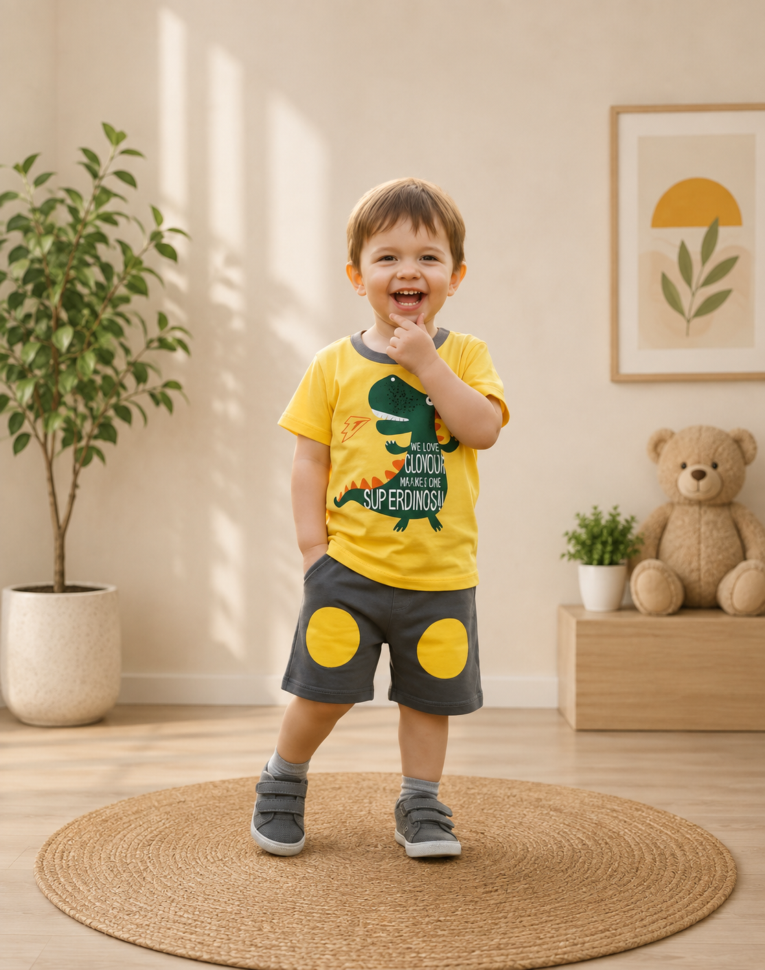 Yellow Boom Dino Printed Kids Short Sleeve Kids Wear