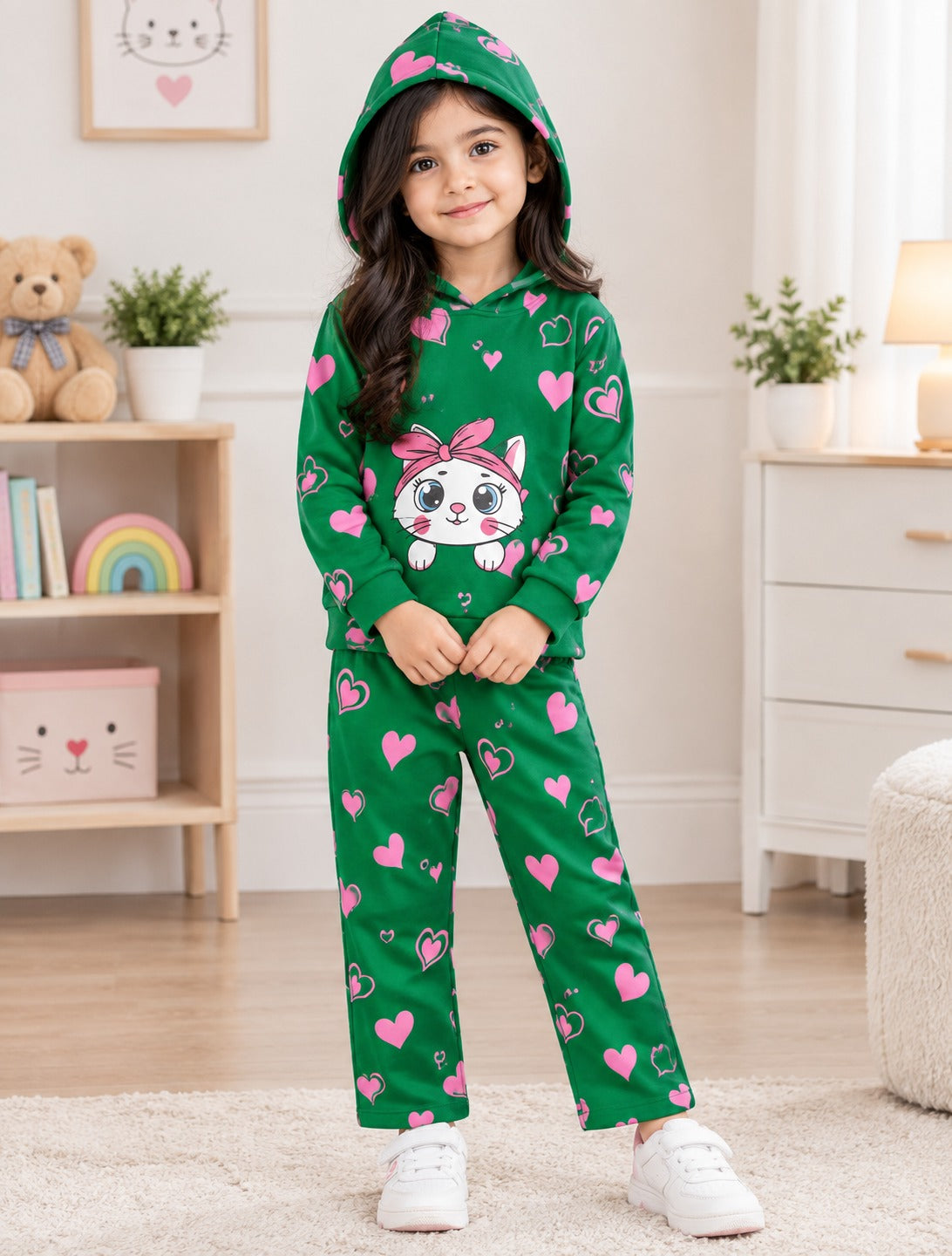 Cute Kitty Printed Kids Hoodie Set