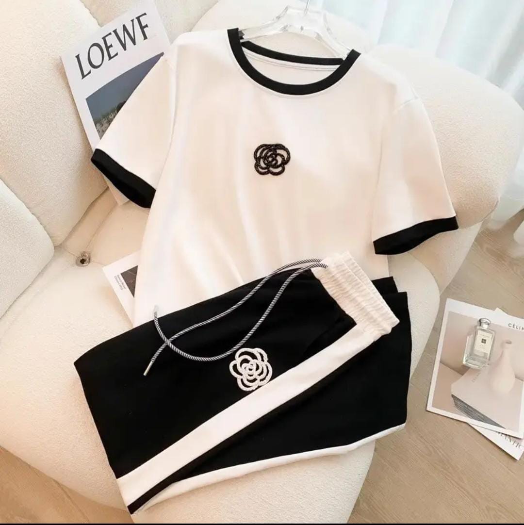 White & Black Contrast Printed Tracksuit
