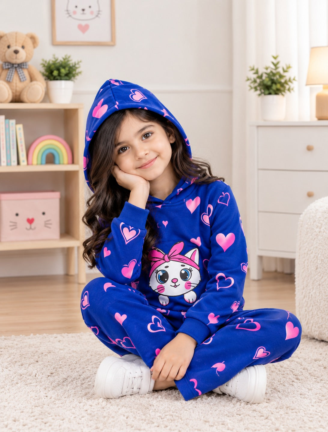 Cute Kitty Printed Kids Hoodie Set