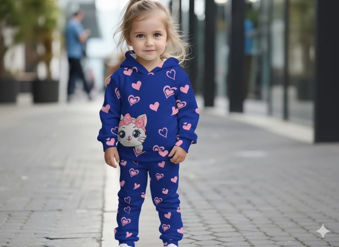 Cute Kitty Printed Kids Hoodie Set
